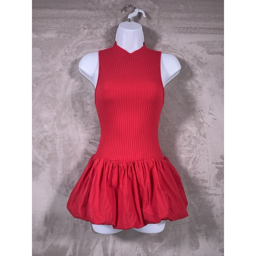 Maeve Bubble Hem Rib Knit Mini Dress Womens XS Red Fit Flare Sleeveless Boho